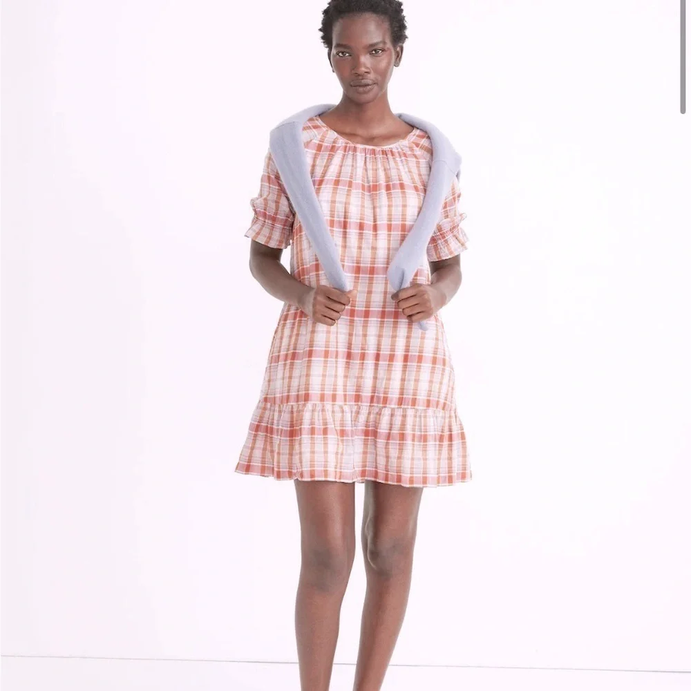Madewell Plaid Ruffle-Sleeve Popover Mini Dress - Picture 1 of 10